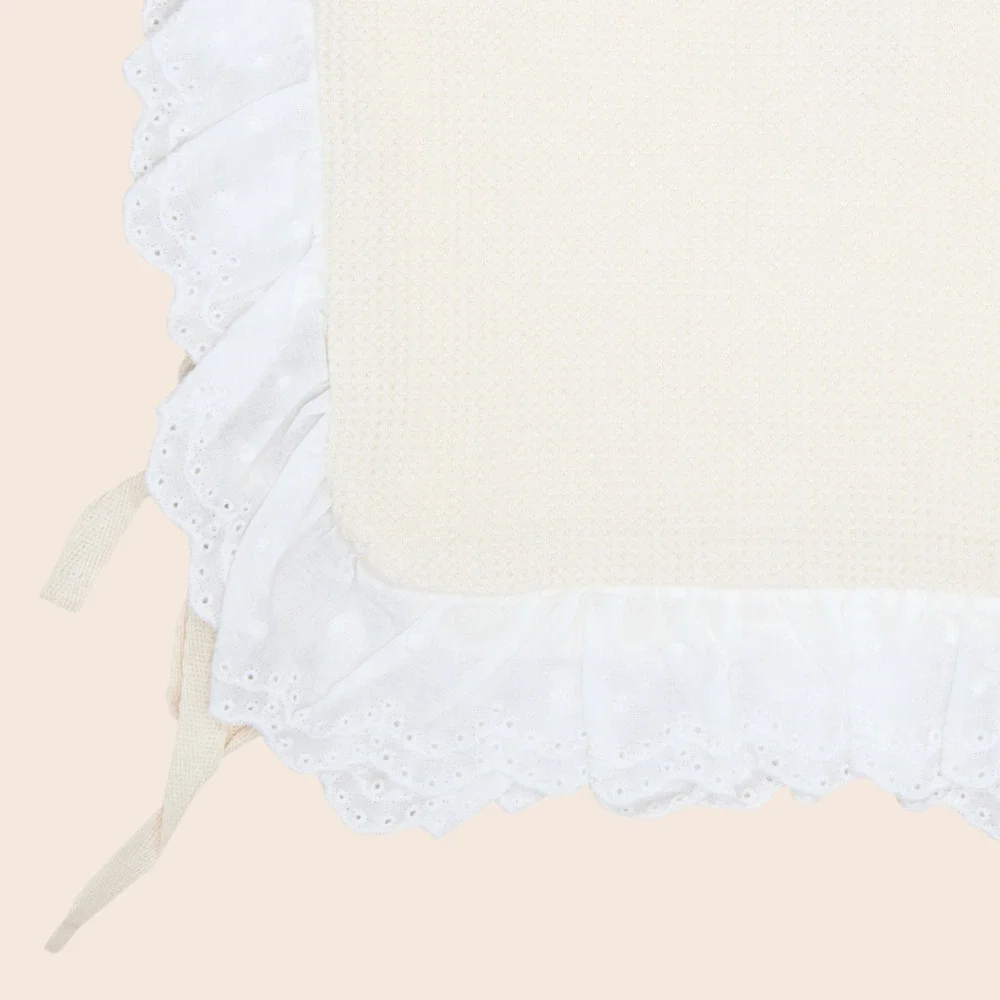 Cream Knit Eyelet Lace Ruffle Bib Vest Side Tie Scalloped Collar Cream White